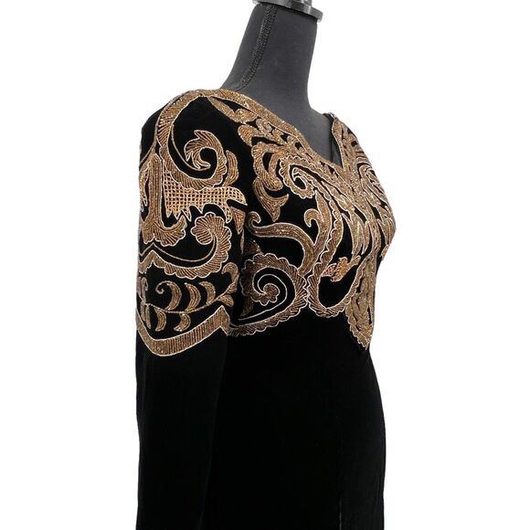 Vintage Victor Costa Black Velvet Heavily Beaded Evening Gown Bustle Back Sz 4 - Picture 6 of 16